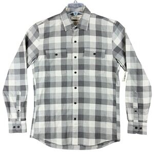 NEW Goodthreads Men's S Flannel Herringbone Plaid Shirt Grey White Button Down
